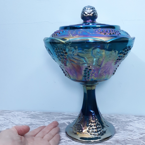Indiana Blue Iridescent Carnival Glass Pedestal Compote Harvest Grape Purple Lid - Picture 5 of 16